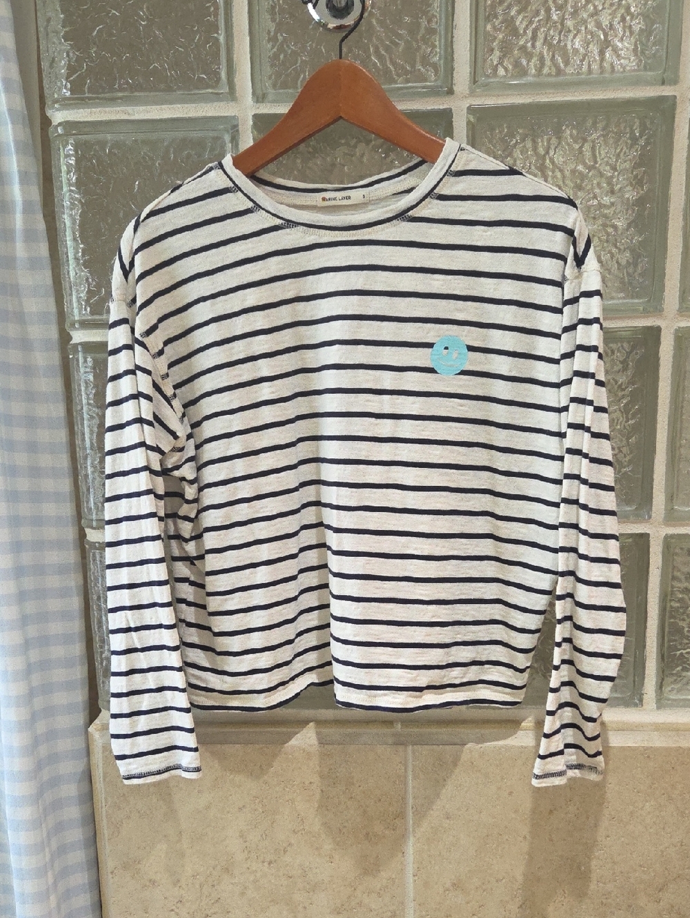 Marine Layer White & Navy Striped Long-Sleeve Tee with Light Blue Smiley
